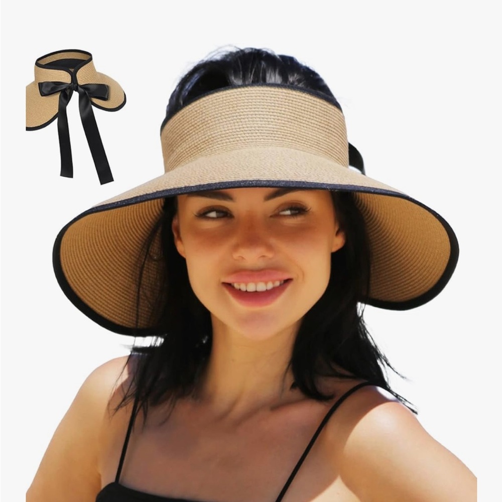 Elegant Tan and Black Wide Brim Visor Hat